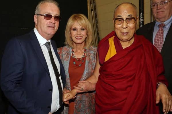 Children in Crossfire founder Richard Moore with his friend the Dalai Lama and the actress Joanna Lumley.