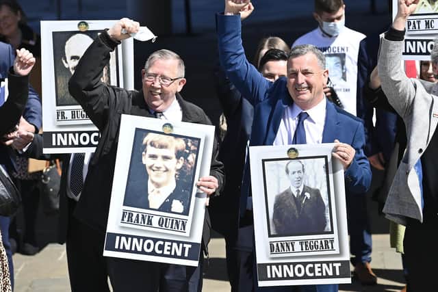 Press Eye - Belfast - Northern Ireland - 11th May 2021 Picture by Stephen Hamilton / PressEye : Families pictures after the Ballymurphy Massacre Inquest, International Conference Centre Belfast Ten people killed in west Belfast almost 50 years ago in the wake of an Army operation were "entirely innocent", an inquest has found.