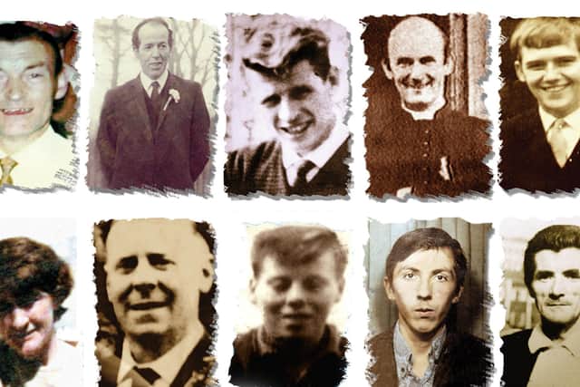 Undated Ballymurphy Massacre Committee handout file photos of (left to right top row) Joseph Corr, Danny Taggart, Eddie Doherty, Father Hugh Mullan, Frank Quinn, Paddy McCarthy, (left to right, bottom row) Joan Connolly, John McKerr, Noel Philips, John Laverty and Joseph Murphy, who were all gunshot victims of the Ballymurphy massacre in west Belfast in 1971. Issue date: Tuesday May 11, 2021.