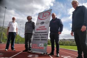 Pictured at the launch of the 2021 Donegal Half Marathon at the Danny McDaid Track at the Aura Leisure Centre in Letterkenny where the race will finish are (from left) Danny McDaid, Donegal Half Marathon Ambassador; Eunan Kelly, Donegal Half Marathon Treasurer; Cathal Curran, Kernan’s Retail Group and Brendan McDaid, race director.