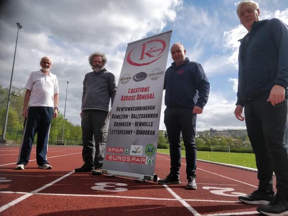 Pictured at the launch of the 2021 Donegal Half Marathon at the Danny McDaid Track at the Aura Leisure Centre in Letterkenny where the race will finish are (from left) Danny McDaid, Donegal Half Marathon Ambassador; Eunan Kelly, Donegal Half Marathon Treasurer; Cathal Curran, Kernan’s Retail Group and Brendan McDaid, race director.