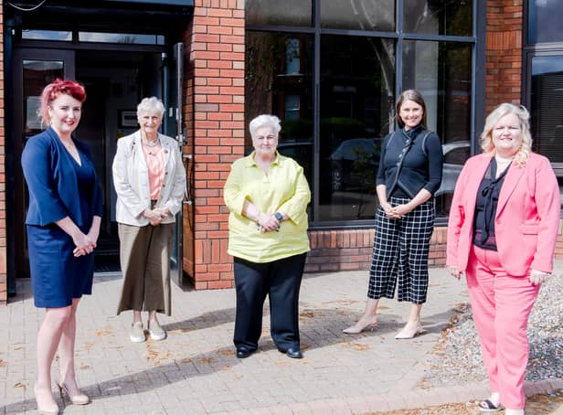 Louise Haigh, Shadow Secretary of State for NI; Eileen Bell CBE; Norma Shearer, CEO TWN; Sarah Travers, Conference Facilitator; Patricia-Lewsley-Mooney CBE, Chairperson TWN;