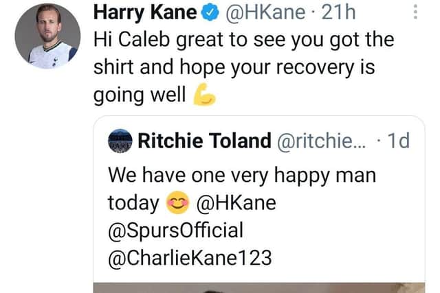 Tweet from Spurs and England player Harry Kane about fan Caleb Toland from Derry, who underwent major brain surgery last month