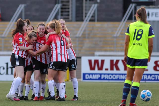 Derry City Women celebrate Lauren Cregan's goal in their win over Sion Swifts Ladies on Wednesday night. Picture by John Paul McGinley / JPJPhotography