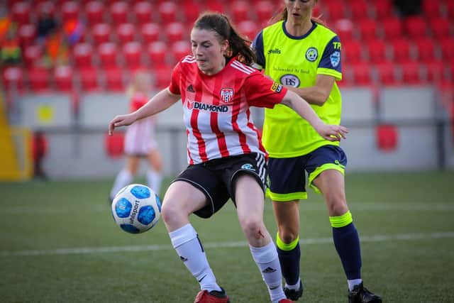 Derry City Women's Caroline Gallagher shows her strength during their win over Sion Swifts Ladies on Wednesday night. Picture by John Paul McGinley / JPJPhotography