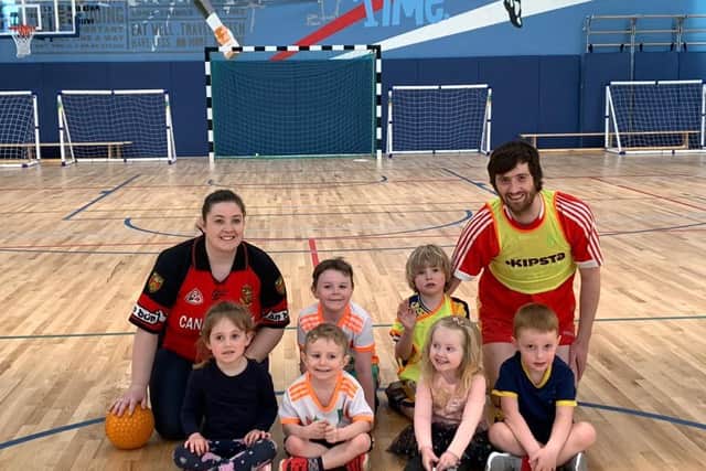 Mairead Haren along with youngsters Evelyn Carr, Conor Haren, Lucas Haren, Micheál Henderson, Niamh Henderson, Gabriel Kuchar and Brendan Henderson (Chairman Seamus Heaney's GAC), during one of the kids weekly training sessions.