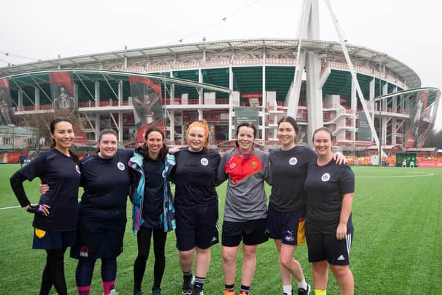 Seamus Heaney's GAC Moscow Ladies team left to right: Nadia Munkueva, Mairead Haren, Michelle Carr, Nikita McCoubrey, Clodagh Graham (Ladies Captain), Sinead Grady and Sophie Smith, who played the recent friendly against Moscow Shamrocks GAC, at FC Lokomotiv Moscow Stadium.