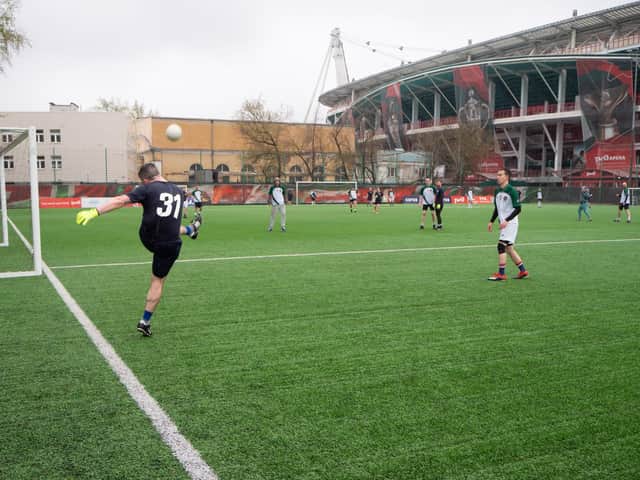 Michael Graham, Seamus Heaney's GAC captain in action against the Moscow Shamrocks GAC, during their recent friendly at FC Lokomotiv Moscow Stadium.