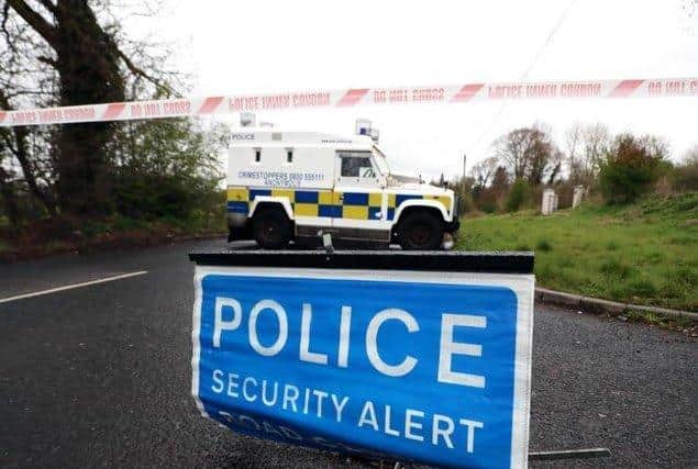 A police Land Rover on the Ballyquin Road after a device was discovered on April 19.