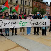 Hundreds of people gathered in Guildhall Square, on Saturday afternoon last, in solidarity with the people of Palestine. Photo: George Sweeney.  DER2119GS – 026