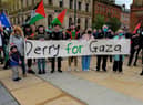 Hundreds of people gathered in Guildhall Square, on Saturday afternoon last, in solidarity with the people of Palestine. Photo: George Sweeney.  DER2119GS – 026