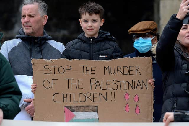 Young protester at the rally in Guildhall Square, on Saturday afternoon last, in solidarity with the people of Palestine. Photo: George Sweeney.  DER2119GS – 030
