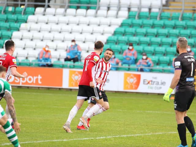 Danny Lafferty celebrates with Will Patching after Derry take the lead from the penalty spot. Picture by Kevin Moore (Maiden City images)
