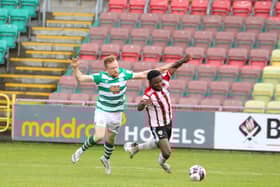James Akintunde is brought down for a penalty at the start of the second half in Tallaght by Sean Hoare. Picture by Kevin Moore.