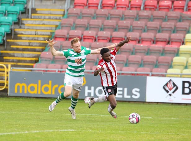 James Akintunde is brought down for a penalty at the start of the second half in Tallaght by Sean Hoare. Picture by Kevin Moore.