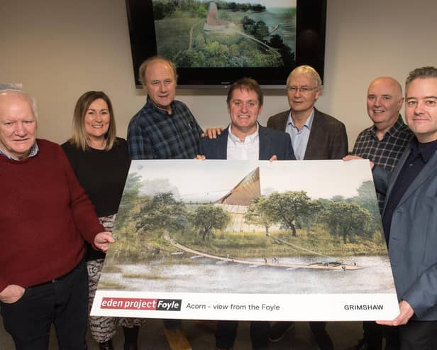FEBRUARY 2020: Professor Tim Smit, co-founder of the Eden project, pictured with others alongside an artistic rendition of the Acorn which will be at the centre of the proposed £67m Eden Project Foyle which has been developed by the River Foyle Gardens charity. Included are, Eamonn Deane, trustee, Clare McGee, Director Innovate-NI, Sir Tim Smit, co-founder of the Eden Project, Dan James Development Director, Eden Project, Gerry Kelly, Trustee, former CEO Apex Housing, Dr. Bernard Toal, Director, Innovate-NI and Dr Ian Mccafferty, Grimshaw Architects. The 250 acre site will be developed along the banks of the River Foyle linking the Boom Hall and Brook Hall estates. Picture Martin McKeown.