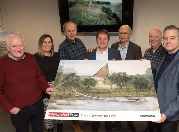FEBRUARY 2020: Professor Tim Smit, co-founder of the Eden project, pictured with others alongside an artistic rendition of the Acorn which will be at the centre of the proposed £67m Eden Project Foyle which has been developed by the River Foyle Gardens charity. Included are, Eamonn Deane, trustee, Clare McGee, Director Innovate-NI, Sir Tim Smit, co-founder of the Eden Project, Dan James Development Director, Eden Project, Gerry Kelly, Trustee, former CEO Apex Housing, Dr. Bernard Toal, Director, Innovate-NI and Dr Ian Mccafferty, Grimshaw Architects. The 250 acre site will be developed along the banks of the River Foyle linking the Boom Hall and Brook Hall estates. Picture Martin McKeown.
