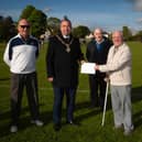 .The Mayor of Derry City and Strabane District Council, Brian Tierney pictured at Clooney Park West on Monday evening announcing the sponsorship of pitches for the Derry and District FA League this season to mark the organisation’s centenary. Included from left are Willie Barrett, secretary, Liam Smyth, games organiser, Jimbo Crossan, chairman and Darren Smyth, match secretary. (Photo: Jim McCafferty Photography)