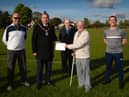 .The Mayor of Derry City and Strabane District Council, Brian Tierney pictured at Clooney Park West on Monday evening announcing the sponsorship of pitches for the Derry and District FA League this season to mark the organisation’s centenary. Included from left are Willie Barrett, secretary, Liam Smyth, games organiser, Jimbo Crossan, chairman and Darren Smyth, match secretary. (Photo: Jim McCafferty Photography)