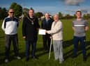 .The Mayor of Derry City and Strabane District Council, Brian Tierney pictured at Clooney Park West on Monday evening announcing the sponsorship of pitches for the Derry and District FA League this season to mark the organisation’s centenary. Included from left are Willie Barrett, secretary, Liam Smyth, games organiser, Jimbo Crossan, chairman and Darren Smyth, match secretary. (Photo: Jim McCafferty Photography)