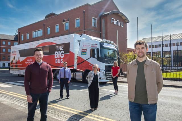 Launching FinTrU's new charity partnership and pictured in front of Action Cancer's new Big Bus are: Conor Winchester, Charity Committee FinTrU; Gareth Kirk, Action Cancer CEO; Katrien Hoppe, Chief of Staff FinTrU; Lucy McCusker, Corporate Fundraising Manager, Action Cancer and Enda Hamilton-Fitzpatrick, Charity Committee FinTrU.