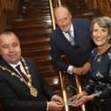 MARIE HONOURED. . . . .The Mayor of Derry City and Strabane District Council, Brian Tierney making a presentation to Marie Lindsay, former Principal, St. Mary's College, Derry, on the occasion of her retirement and recognition of  her contribution and commitment to education. Included is Marie's husband Collie. (Photos: Jim McCafferty Photography)