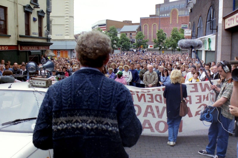 Martin McGuinness addresses the protest at Waterloo Street
