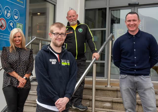 Members of the award-winning team at NWRC â€“ from left Finneen Bradley, Manager NWRC Careers Academy, Aidan McFadden NWRC Students Union, Danny McFeely, Health and Well-Being Officer and Danny Lyttle, NWRC Student Event and Liaison Officer. (Pic Martin McKeown).