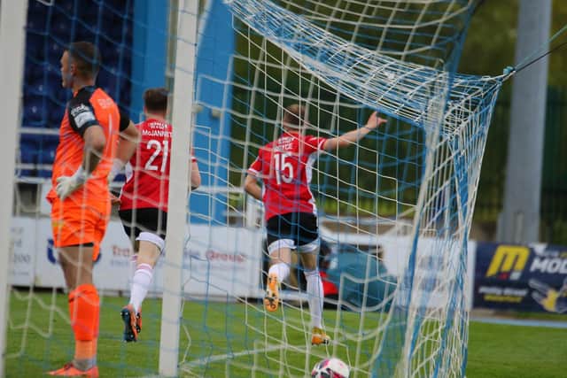 Ronan Boyce wheels away to celebrate his second goal of the season after four minutes of the game at the RSC. Photograph by Kevin Moore.