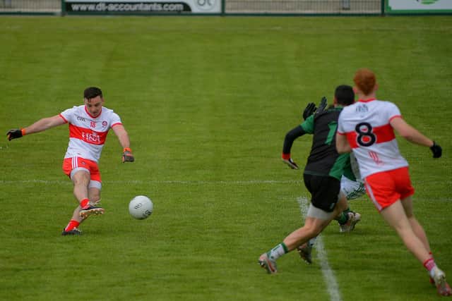 Niall Toner blasts home Derry's fifth goal  against Fermanagh at Owenbeg on Saturday. (Photo: George Sweeney)