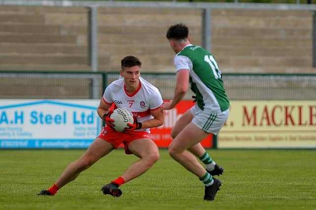 Derry's Conor Doherty moves forward against Fermanagh at Owenbeg on Saturday. (Photo: Geroge Sweeney)