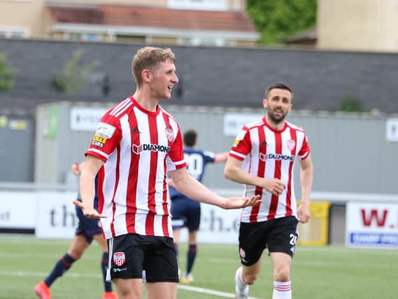 Ronan Boyce celebrates his equalising goal against St Pat's in the first half of the Premier Division clash at Brandywell. Photograph by Kevin Moore.