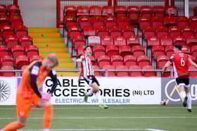 Joe Thomson celebrates his first goal of the season against St Pat's. Picture by Kevin Moore.