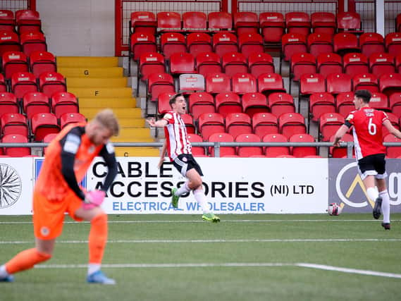 Joe Thomson celebrates his first goal of the season against St Pat's. Picture by Kevin Moore.