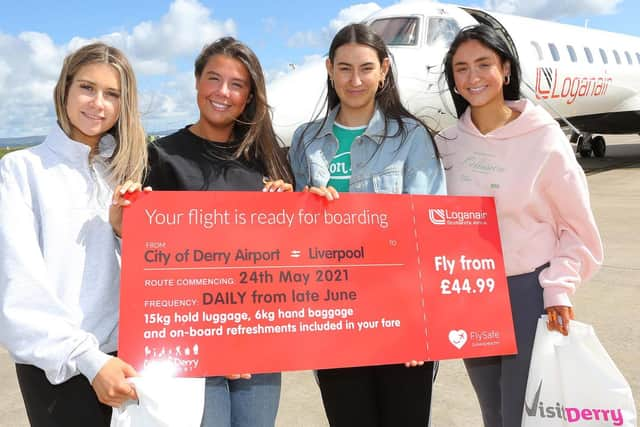 Fab Four Derry girls earlier this week about to board the first flight of the new Loganair City of Derry to Liverpool route with a clear message - 'Visit Derry'!