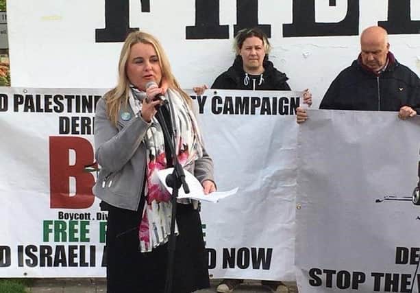 Colr. Sandra Duffy at a previous Palestine solidarity rally.
