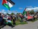 Some of the attendance at the Palestinian solidarity Rally at Free Derry Wall on Saturday after last. Photo: George Sweeney. DER2120GS – 070