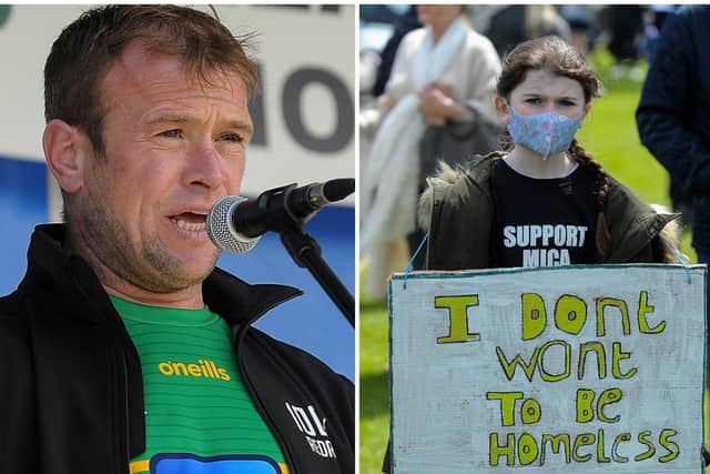 LEFT: Paddy Diver who has instrumental in  galvanising support for the campaign over recent months and RIGHT: Aoife Frazer, from Carndonagh, at the mica rally in Buncrana on Saturday afternoon last. Photos: George Sweeney / Derry Journal. DER2120GS – 046