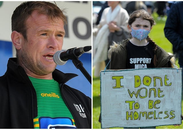 LEFT: Paddy Diver who has instrumental in galvanising support for the campaign over recent months and RIGHT: Aoife Frazer, from Carndonagh, at the mica rally in Buncrana on Saturday afternoon last. Photos: George Sweeney / Derry Journal. DER2120GS – 046