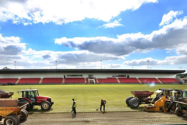 Some of the work being carried out at Owenbeg's main pitch in 2020. Further resurfacing work to other pitches at the complex as well as an upgrade of the Stadium internet will get underway this week.(Photo: Margaret McLaughlin)