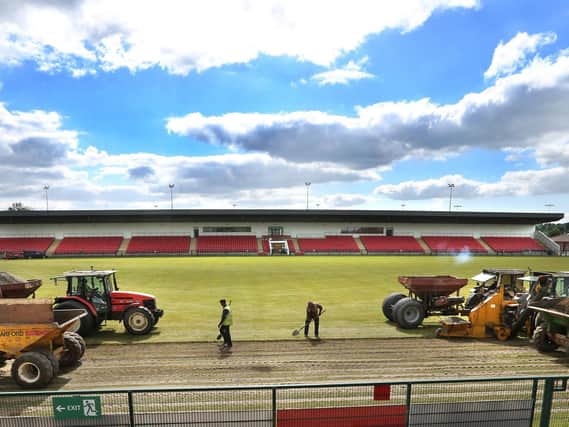 Some of the work being carried out at Owenbeg's main pitch in 2020. Further resurfacing work to other pitches at the complex as well as an upgrade of the Stadium internet will get underway this week.(Photo: Margaret McLaughlin)