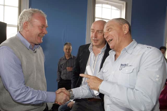 Peter Sheridan, centre, with the late Martin McGuinness and senior loyalist Jackie McDonald, during a meeting in the Falls Road Library. Photo; Colm O’Reilly Pacemaker Press.