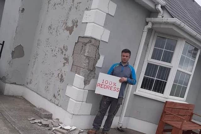 Kieran White outside his mica damaged home in Malin Town.