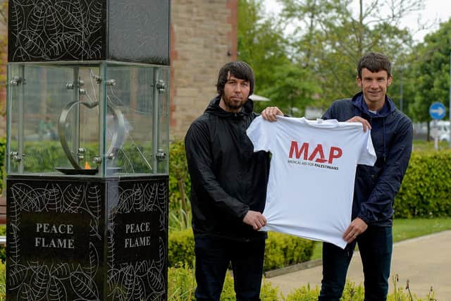 Keith Gallagher (left), Derry IPSC and Ryan Moore, Medical Aid Palestine. Photo: George Sweeney. DER2121GS – 049