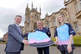 Malachy O'Néill, Provost, Ulster University, Kieran Kennedy, MD, O’Neills, and artist and recent graduate, Carla Fulton, with the newly designed O’Neills commemorative jersey for the American Conference for Irish Studies which will be hosted virtually from Ulster University’s Magee Campus on June 2-5. Carla Fulton designed the digital artwork featured on the jersey.