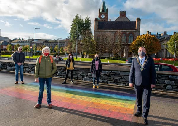 Brian Tierney, Mayor of Derry City and Strabane District Council pictured at the Rainbow Pathway on the quayside with Sha Gillespie, Jim Doherty, Chair of Foyle Pride, Dee Abbott and Catherine Hemelryk from Foyle Pride close to where the new crossing will be situated. Picture Martin McKeown. 23.10.20