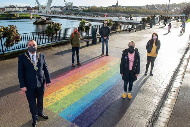 Councillor Brian Tierney, Mayor of Derry City and Strabane District Council pictured previously at the Rainbow Pathway on the quayside with Sha Gillespie, Jim Doherty, Chair of Foyle Pride, Dee Abbott and Catherine Hemelryk from Foyle Pride close to where the new crossing will be situated. Picture Martin McKeown. 23.10.20