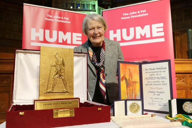 Pat Hume handed over the Nobel Peace Prize, the Martin Luther King Jnr Non-Violent Prize and Mahatma Gandhi Peace Prize to the people of Derry in the Guildhall on Friday.
