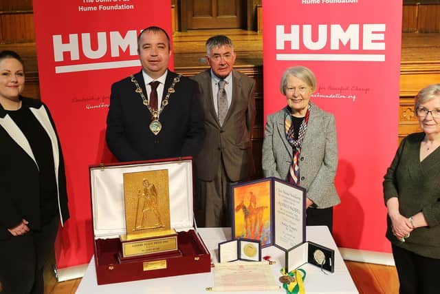 Sara Canning, Paul Arthur and Gerry Cosgrove pictured with Pat Hume and Mayor of Derry and Strabane Brian Tierney at today's event in the Guildhall.​