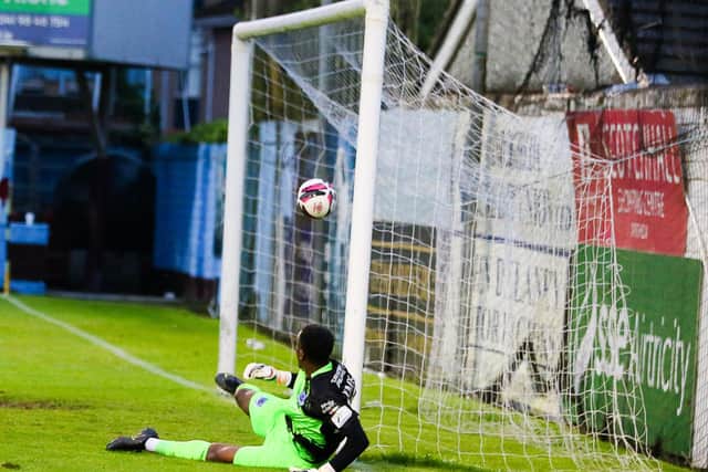 Drogheda United keeper David Odumosu watches helplessly as Will Patching's second free-kick comes off the underside of the crossbar and crosses the line. Photograph by Kevin Moore.